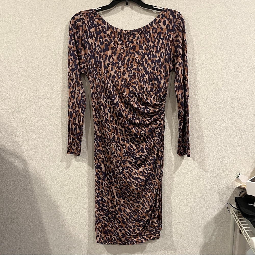 LK Bennett size 10 muted leopard bring about neck dress gather side knee length